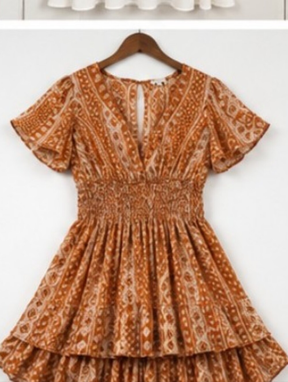 Boho Smocked Mini Dress in Rust with White Print